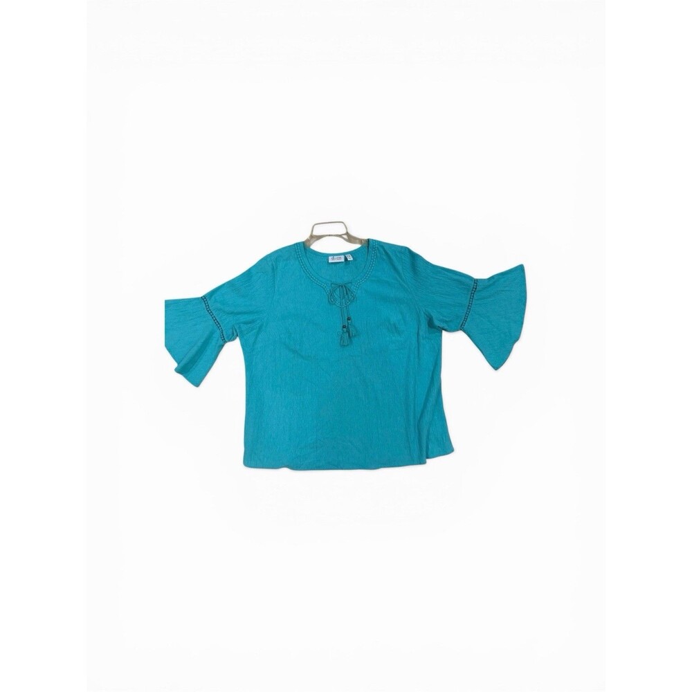 d&co Denim & Company Women’s 1X Turquoise Boho Peasant Blouse - Picture 1 of 12